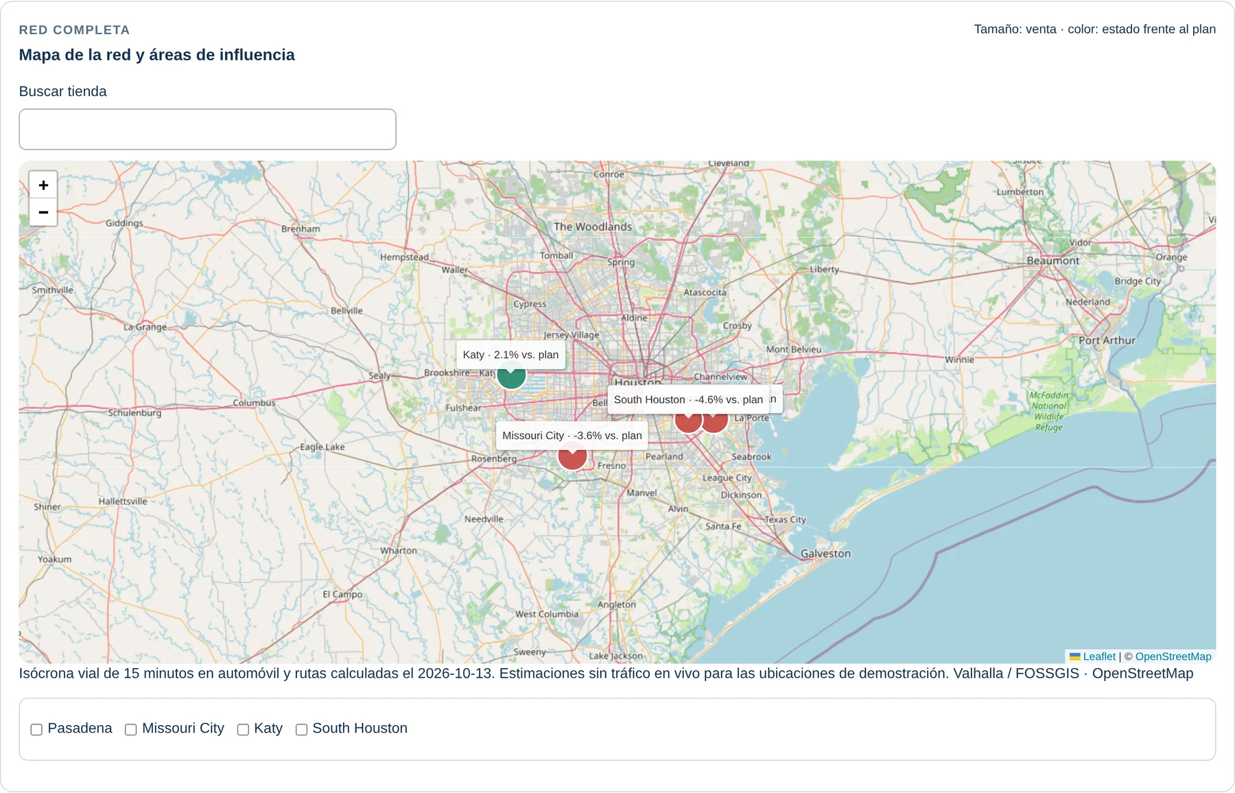 Captura de la plataforma Retail Neural, Ventas: Mapa de la red y áreas de influencia. Datos sintéticos de demostración.